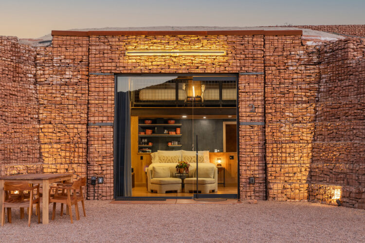 Looking into a cave suite from the exterior at Honey Rock Landing.