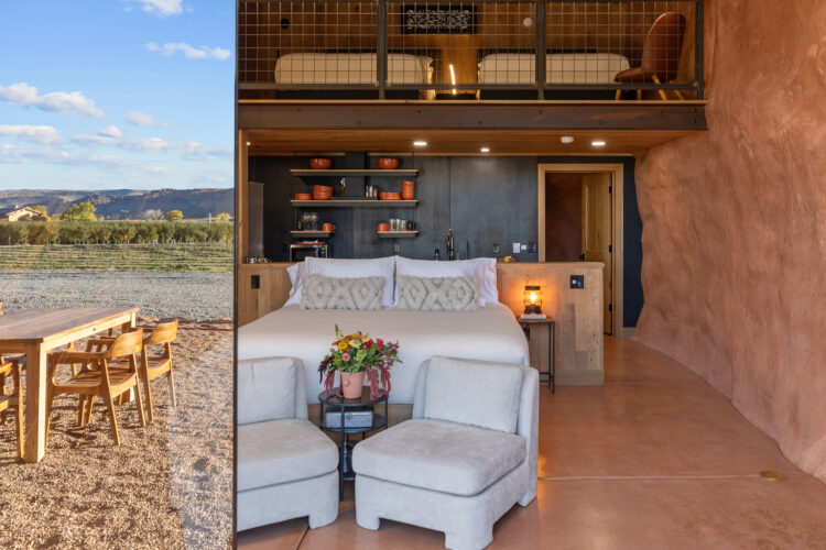 Split photo of interior of cave suite and exterior patio table at Honey Rock Landing.