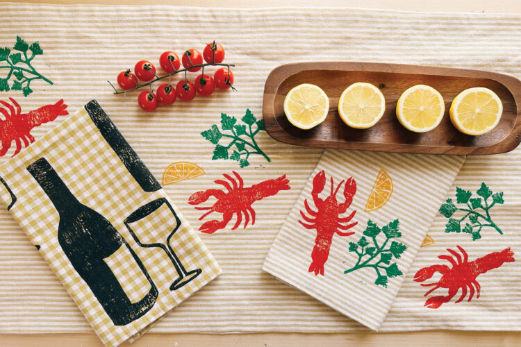 Block printed kitchen towels from Julie Peach.
