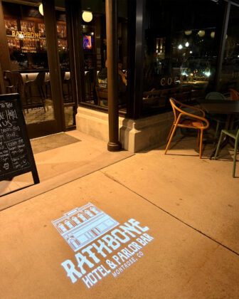 Entrence with hotel logo at The Rathbone Hotel & Parlor Bar.