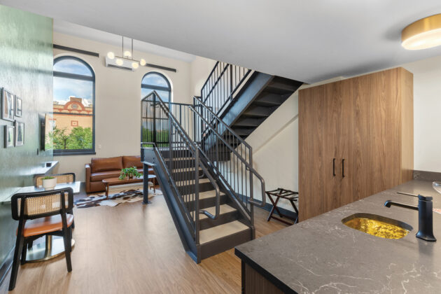 Interior of a loft room at The Rathbone Hotel & Parlor Bar.