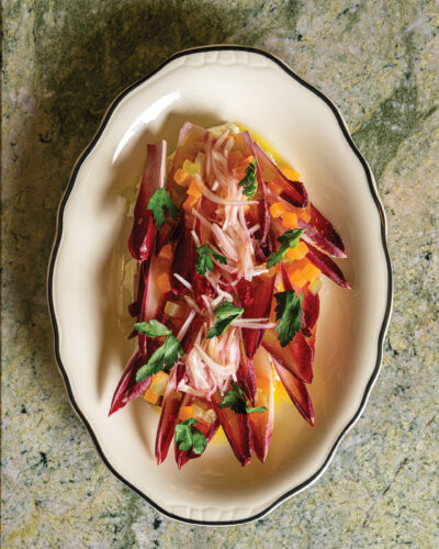 A plated squash blossom dish from Mar Bella Boqueria.