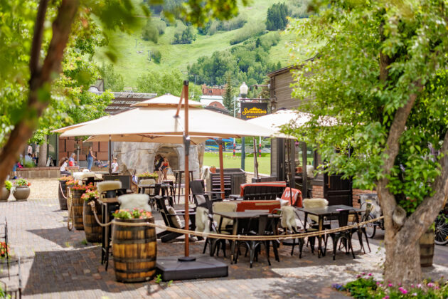 Exterior patio of Stranahan's Whiskey Lodge in Aspen.