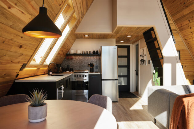Interior of A-frame rental cabin.