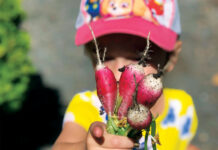 Child holds veggies from Grow Local Colorado.