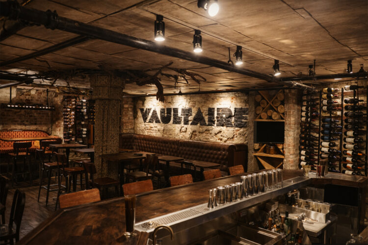 Interior seating in bar area at Vaultaire.