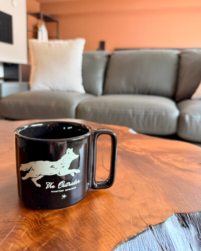 Coffee cup at The Outrider Hotel.