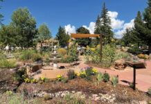 Garden with birdbath and canopy at Durango Botanic Gardens.