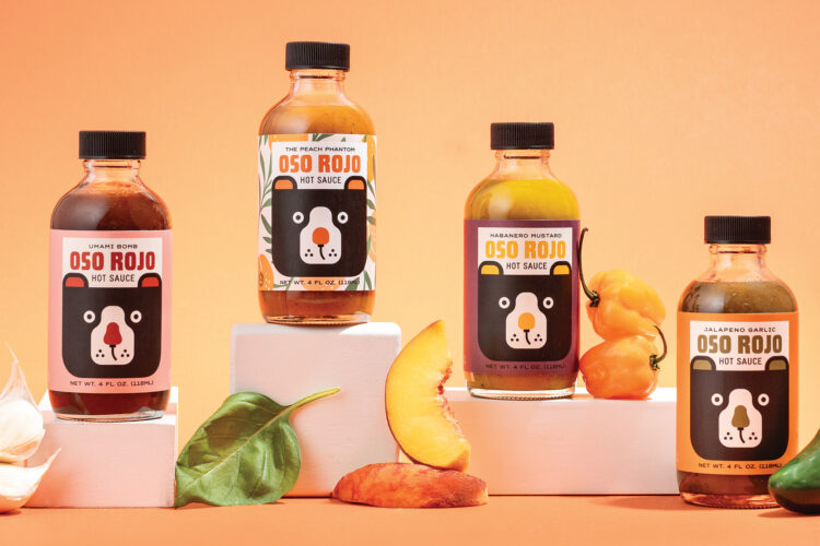 Oso Rojo Hot Sauce bottles displayed with their ingredients. 