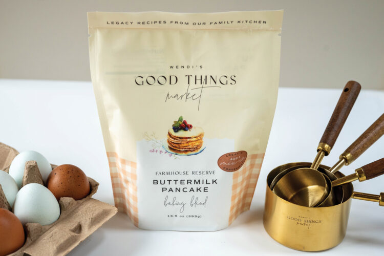 Product shot of the Farmhouse Reserve Buttermilk Pancake Baking Blend from Wendi’s Good Things Market.