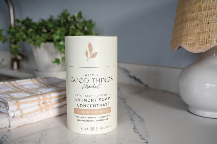 Product shot of the Heirloom Comfort Laundry Detergent from Wendi’s Good Things Market.