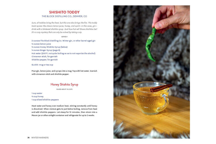 Interior of Alpine Cocktails book with the Shishito Toddy recipe.