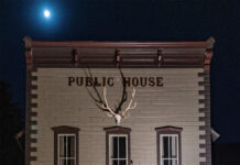Public House building illuminated at night beneath the moon, with guests visible inside the pub.