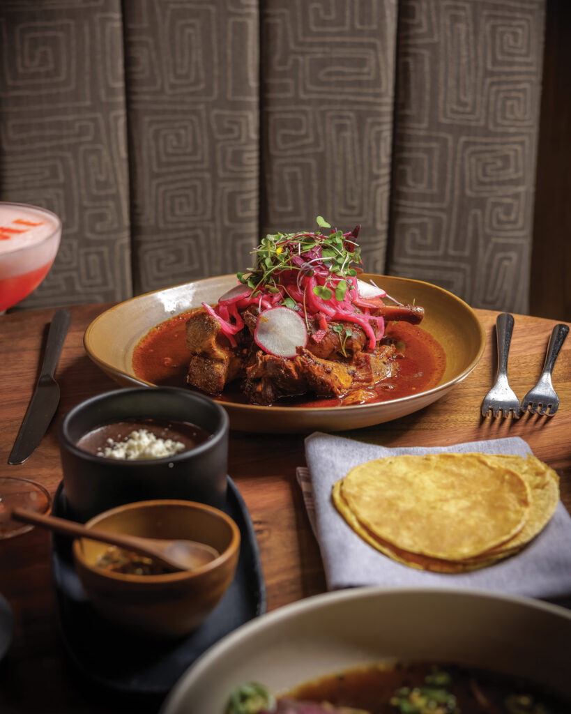 Braised meat in red sauce topped with pickled onions, radishes and microgreens, served with tortillas.