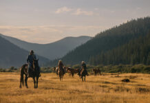 Three horseback riders guide a small herd of horses through a golden mountain meadow surrounded by forested peaks.