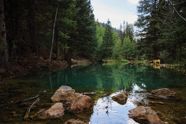 A clear, still pond reflects the surrounding pine and aspen forest at a mountain ranch.