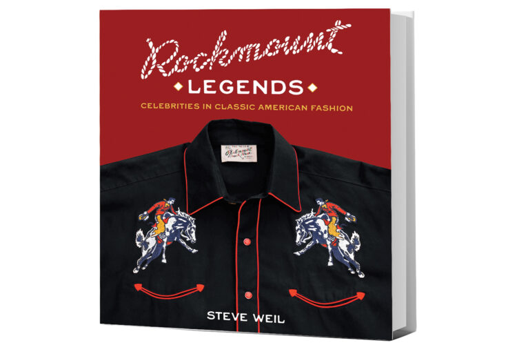 Cover of Steve Weil’s book "Rockmount Legends: Celebrities in Classic American Fashion," featuring a black embroidered Western shirt against a red background.