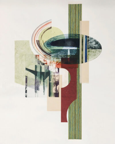 IN MOTION Travel On layers three shaped polymer plate etchings with chine collé.
