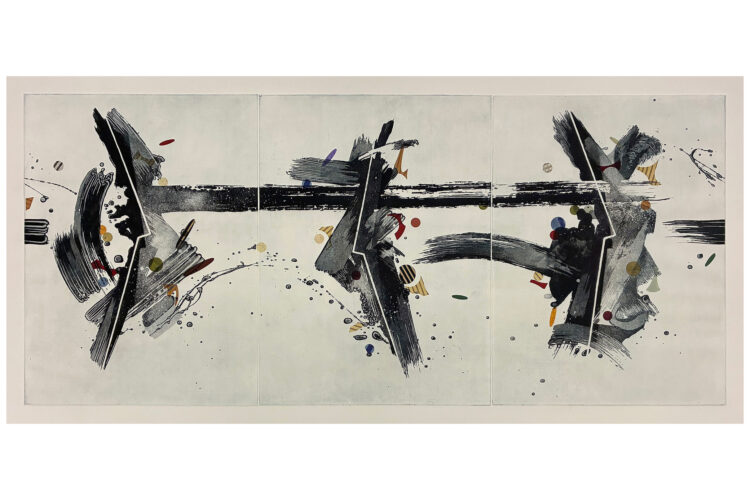 Abstract triptych with sweeping black and gray marks and scattered colorful shapes on a cream background.
