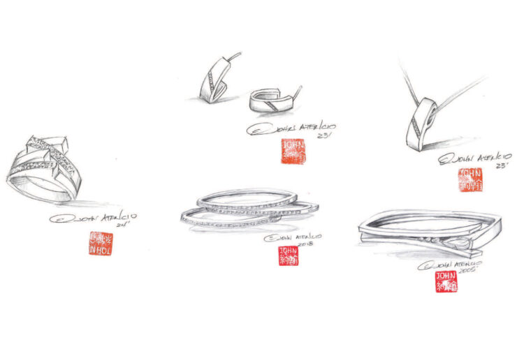 John Atencio’s pencil sketches of rings, earrings, a pendant, and bracelets.