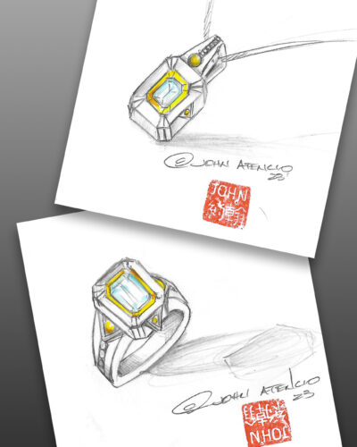 John Atencio’s sketches of a pendant and matching ring with pale blue stones and yellow accents.