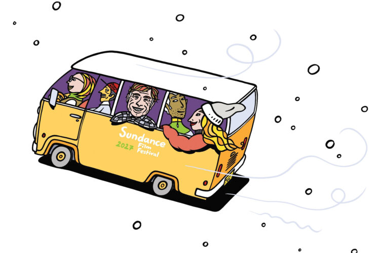 Illustration of people riding in a van together.