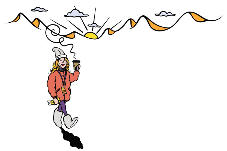 Illustration of woman walking with coffee cup in front of mountains.
