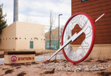 Michael Clapper’s circular Fast as Lightning sculpture outside Aurora Fire Rescue Station 9.