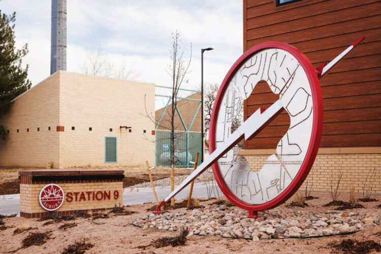Michael Clapper’s circular Fast as Lightning sculpture outside Aurora Fire Rescue Station 9.